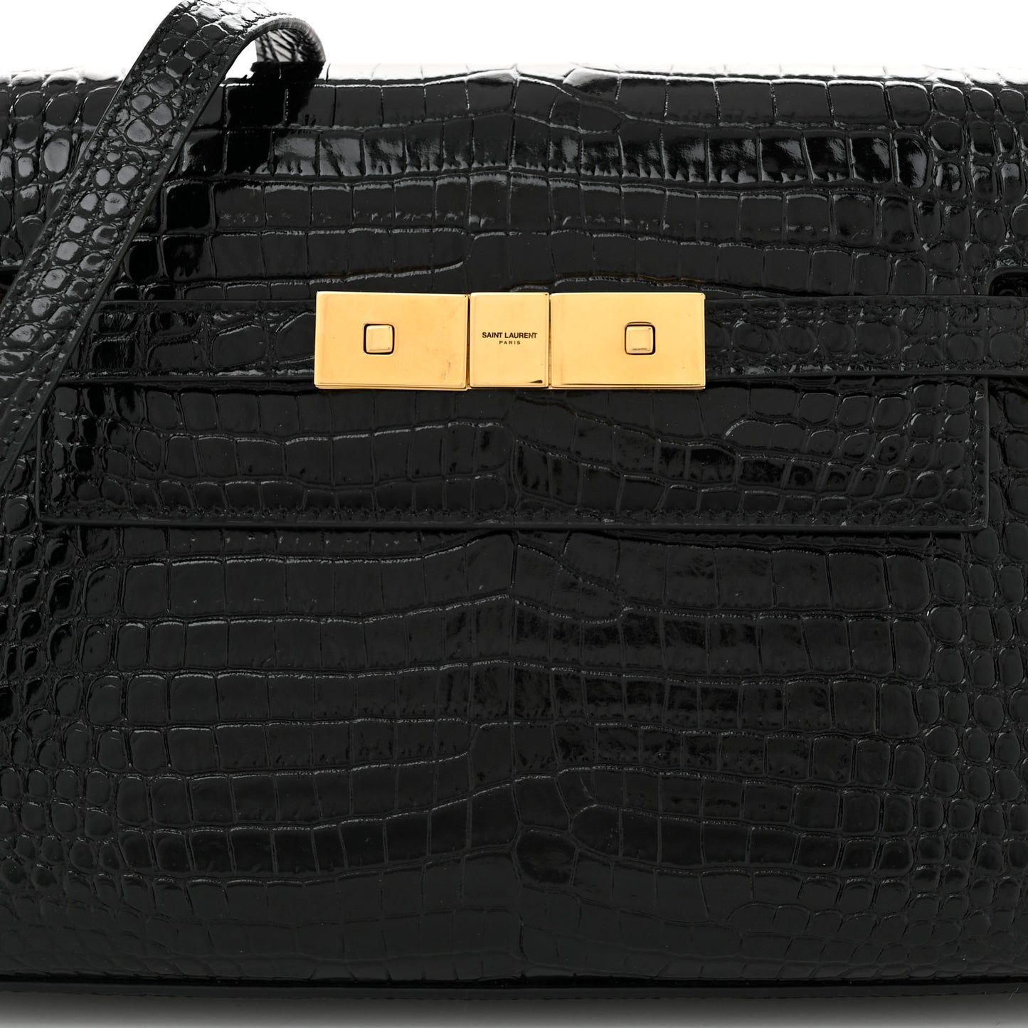 Shiny Calfskin Crocodile Embossed Small Manhattan Baguette Black