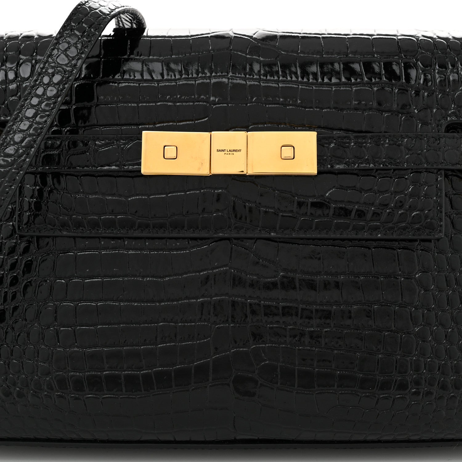 Saint Laurent Shiny Calfskin Crocodile Embossed Small Manhattan Baguette Black 7 of 9