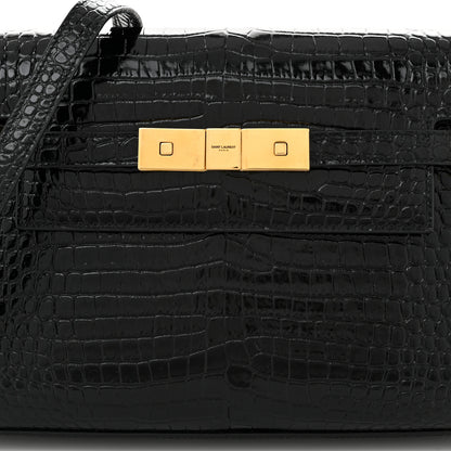 Saint Laurent Shiny Calfskin Crocodile Embossed Small Manhattan Baguette Black 7 of 9