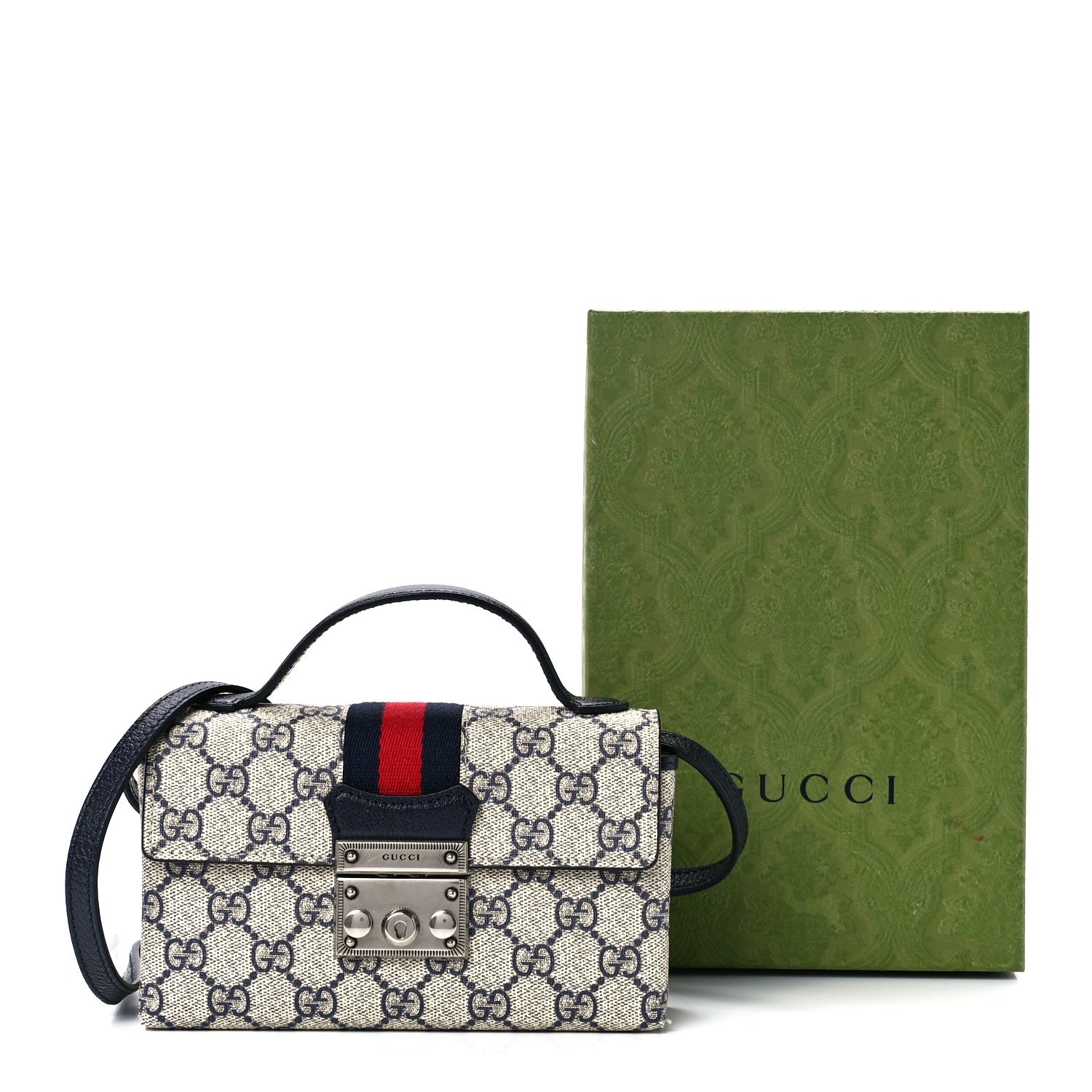 Gucci GG Supreme Monogram Textured Dollar Calfskin Web Mini Padlock Top Handle Shoulder Bag Beige Blue 12 of 12