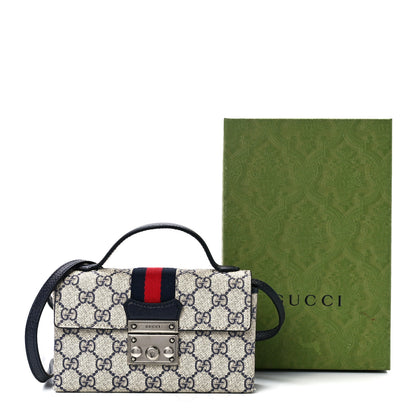 Gucci GG Supreme Monogram Textured Dollar Calfskin Web Mini Padlock Top Handle Shoulder Bag Beige Blue 12 of 12