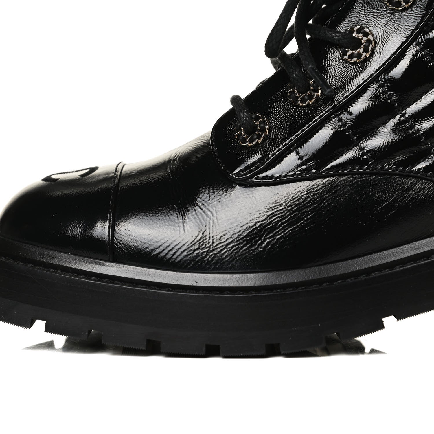 Chanel Shiny Calfskin Quilted Lace Up Combat Boots 38.5 Black 12 of 14