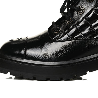 Chanel Shiny Calfskin Quilted Lace Up Combat Boots 38.5 Black 12 of 14