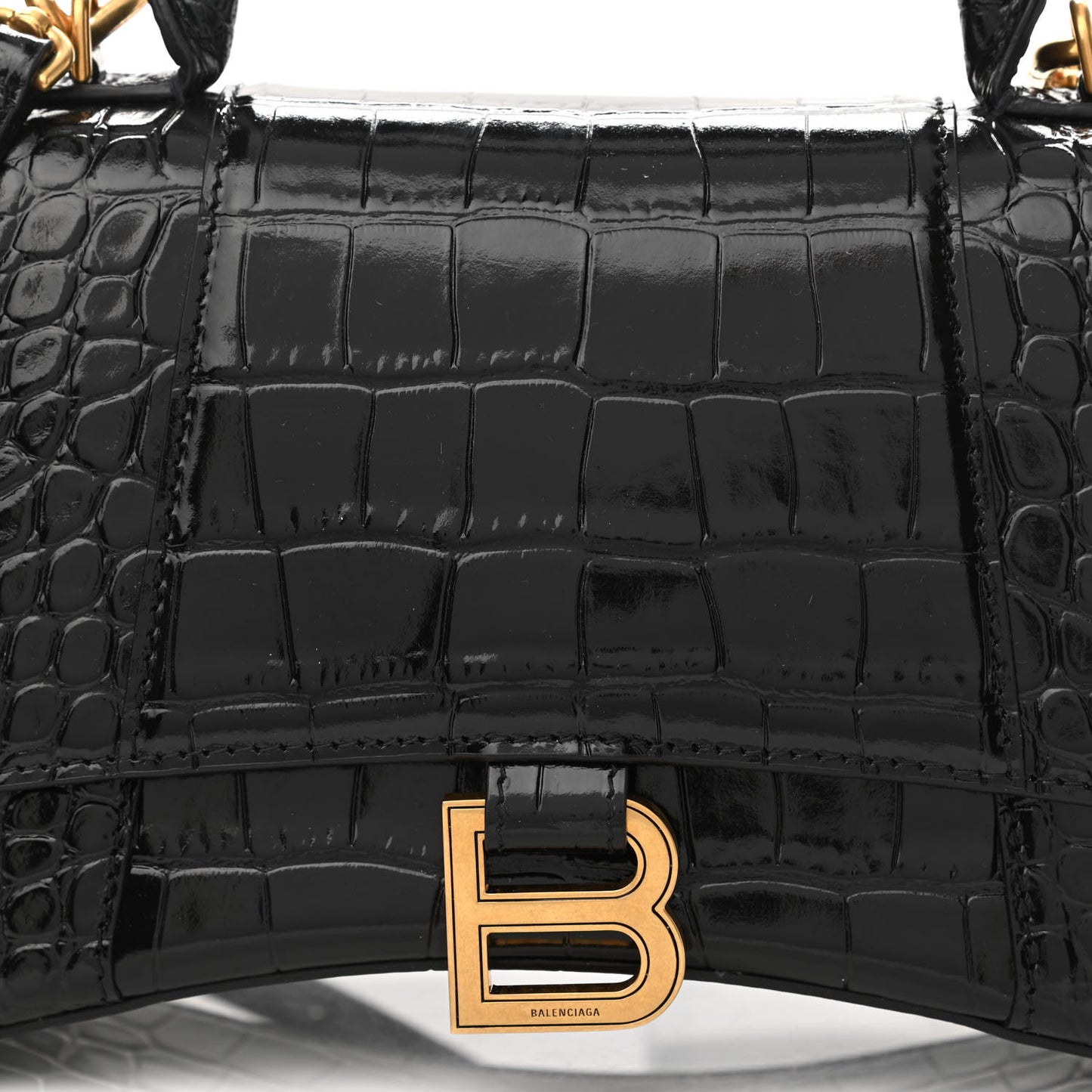 Shiny Calfskin Crocodile Embossed Small Hourglass Top Handle Bag Black