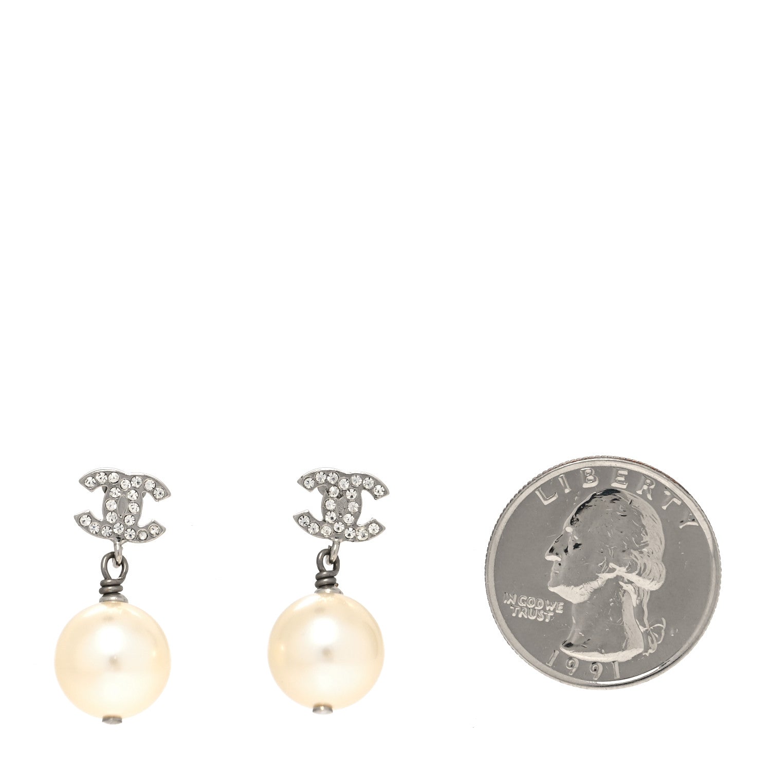 Chanel Crystal Pearl CC Drop Earrings Silver Pearly White 2 of 4