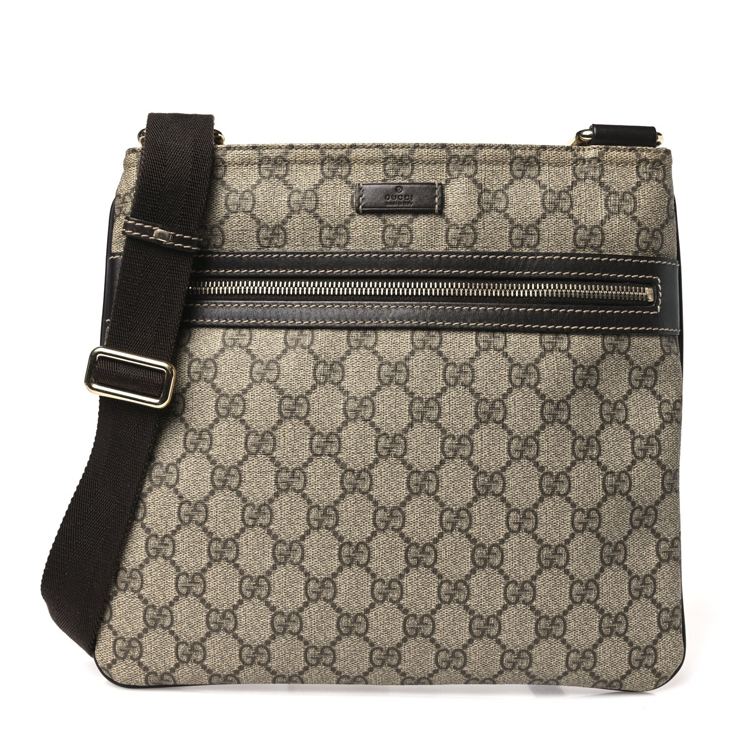 GG Supreme Monogram Selleria Calfskin Small Flat Side Zip Messenger Bag Beige Ebony Cocoa Dark Chocolate