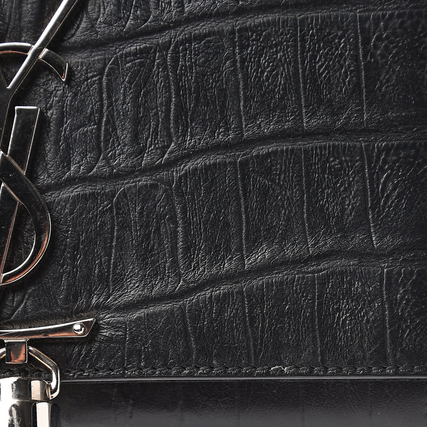 Calfskin Crocodile Embossed Small Classic Monogram Kate Tassel Satchel Black