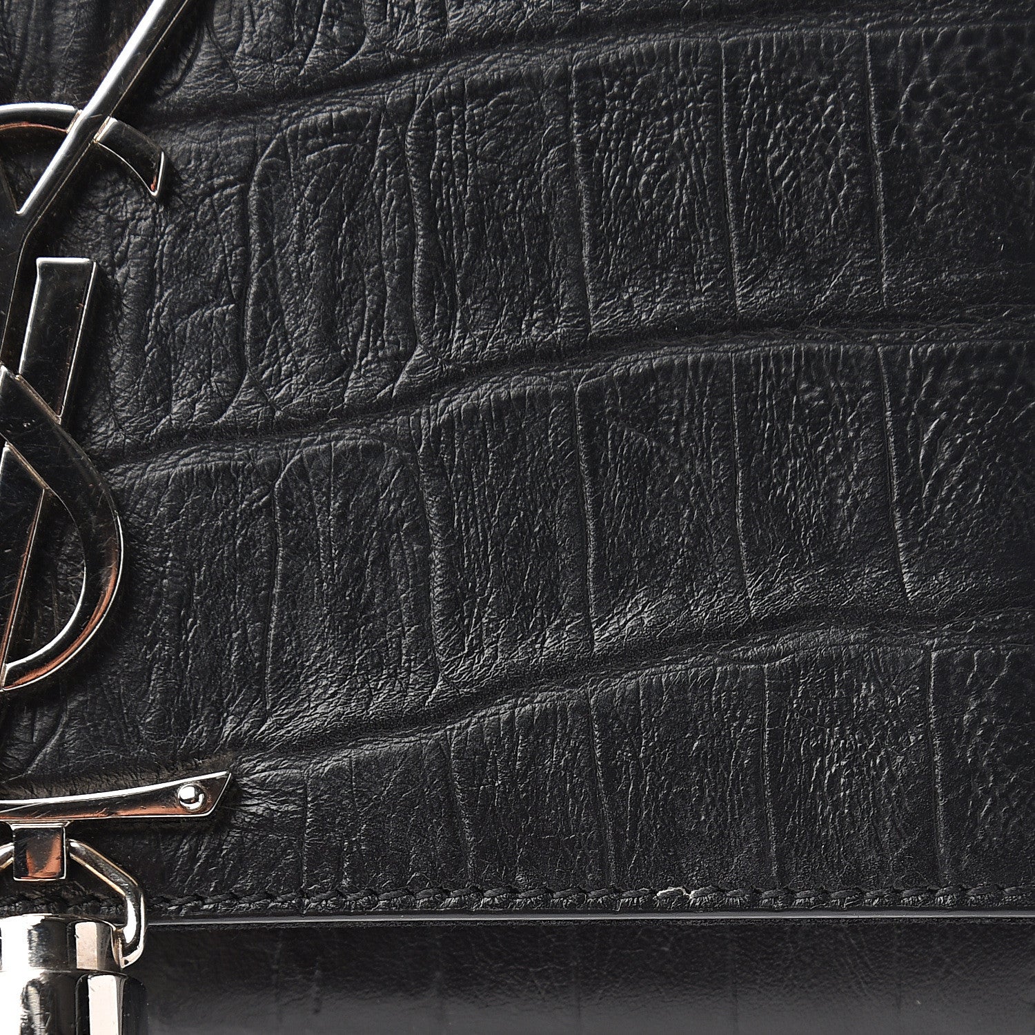Saint Laurent Calfskin Crocodile Embossed Small Classic Monogram Kate Tassel Satchel Black 9 of 10
