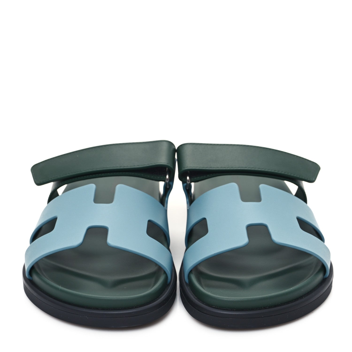 Hermes Calfskin Womens Chypre Sandals 38 Bleu Citadin Vert Bouteille 2 of 9