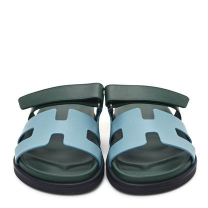 Hermes Calfskin Womens Chypre Sandals 38 Bleu Citadin Vert Bouteille 2 of 9