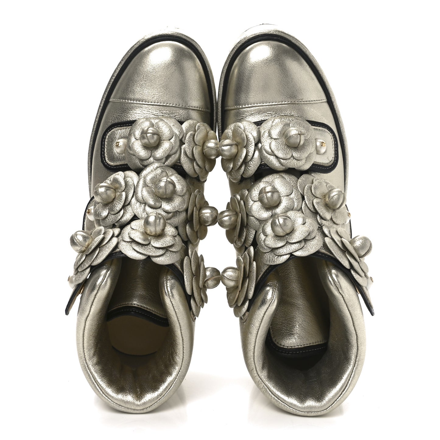 Metallic Lambskin Camellia High Top Sneakers 39.5 Gold