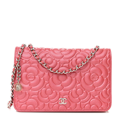 Chanel Goatskin Camellia Embossed Wallet On Chain WOC Pink 1 of 12