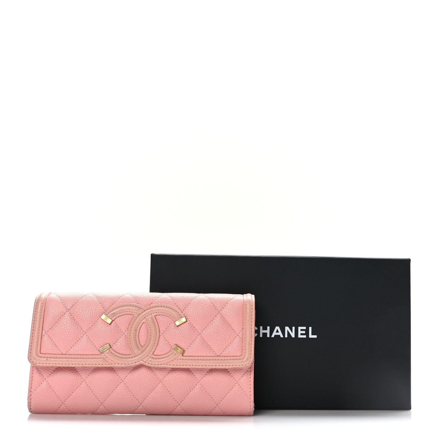 Caviar Quilted Large Filigree Gusset Flap Wallet Pink