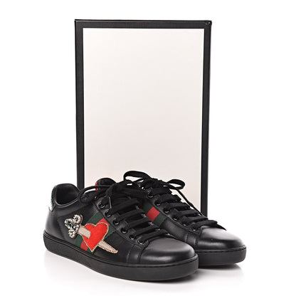 Gucci Calfskin Ayers Web Pierced Heart Embroidered Ace Sneakers 36.5 Black 9 of 9