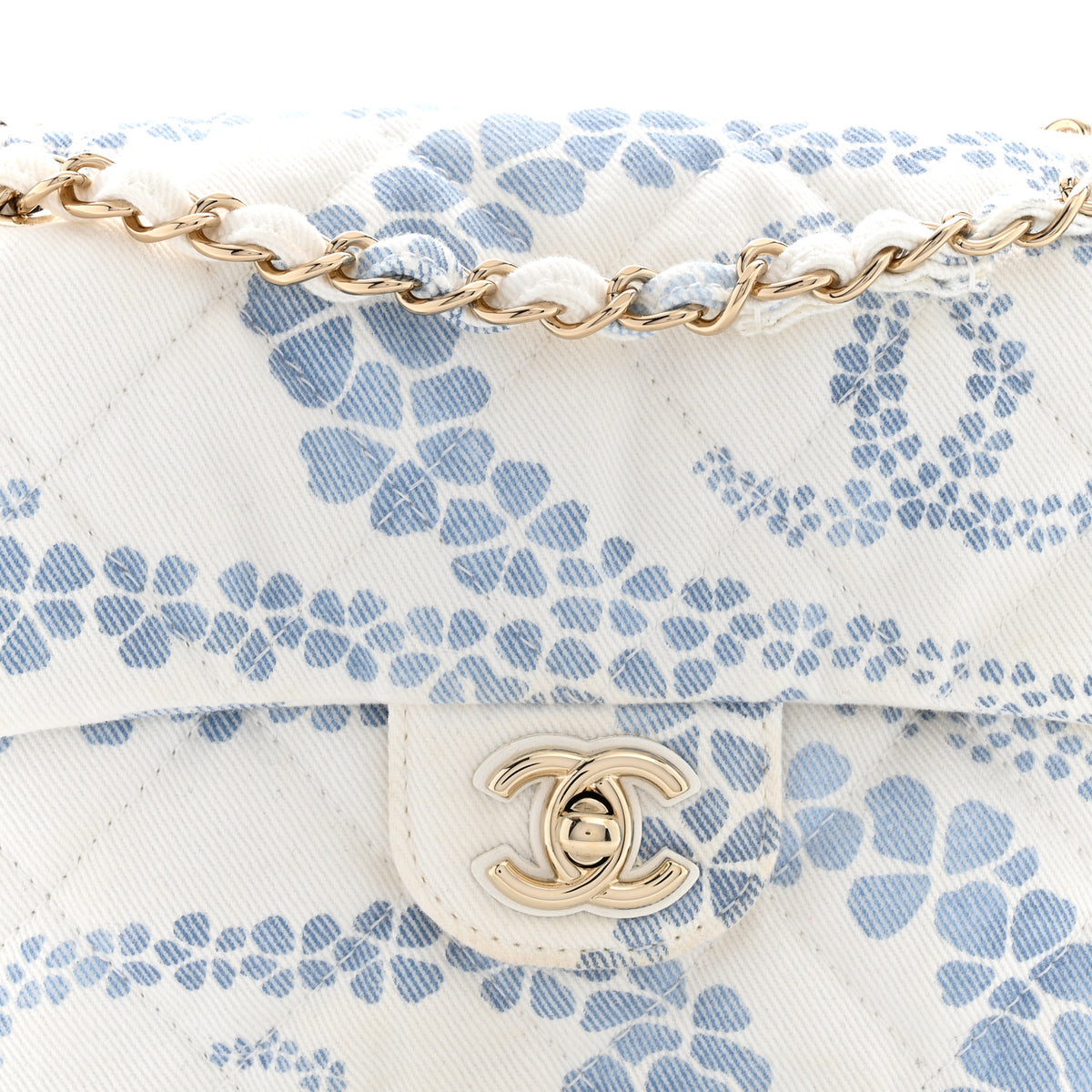 Printed Denim Coco Beach Quilted Small Single Flap Light Blue White