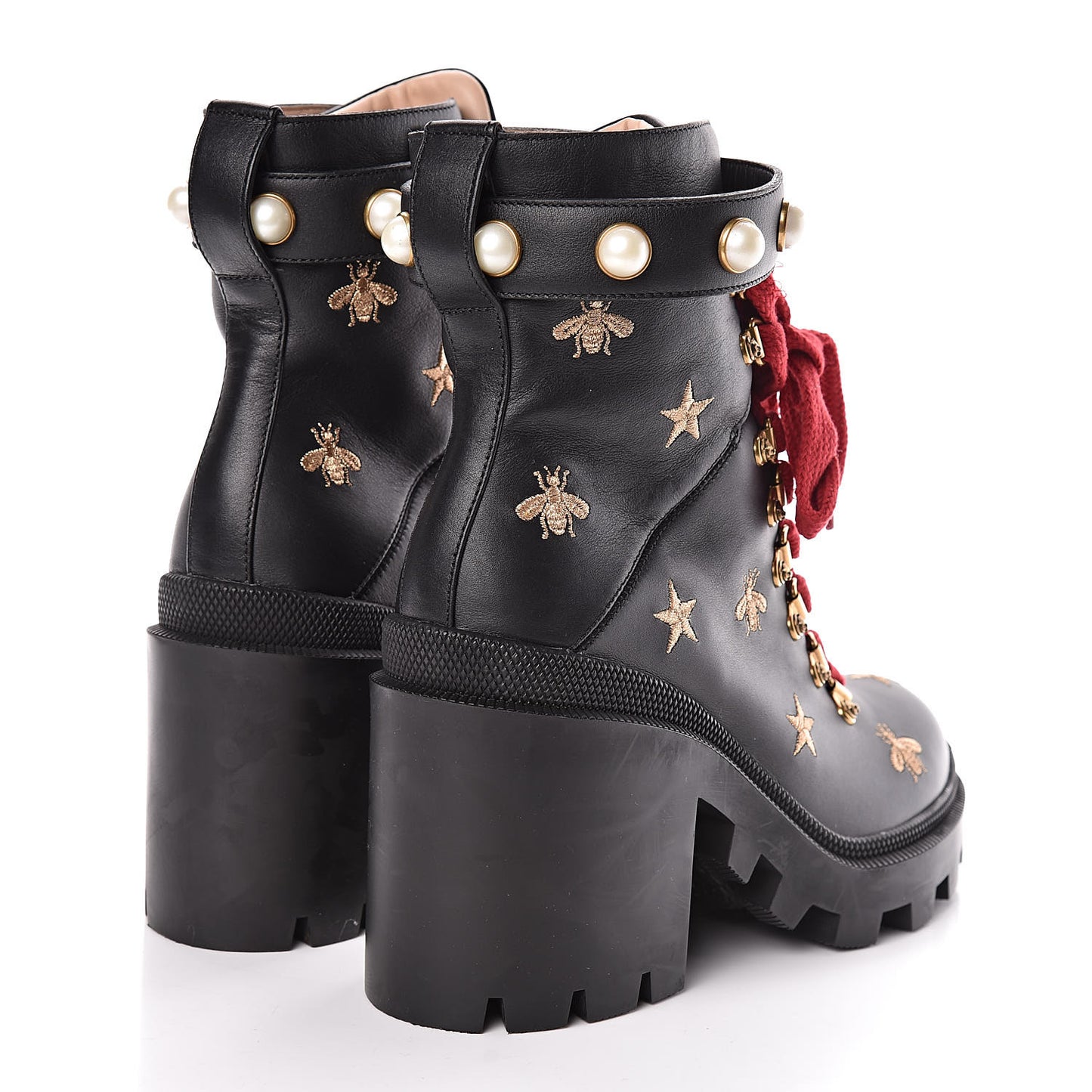 Calfskin Embroidered Lace Up Combat Ankle Boots 38.5 Black