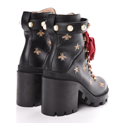 Gucci Calfskin Embroidered Lace Up Combat Ankle Boots 38.5 Black 4 of 10