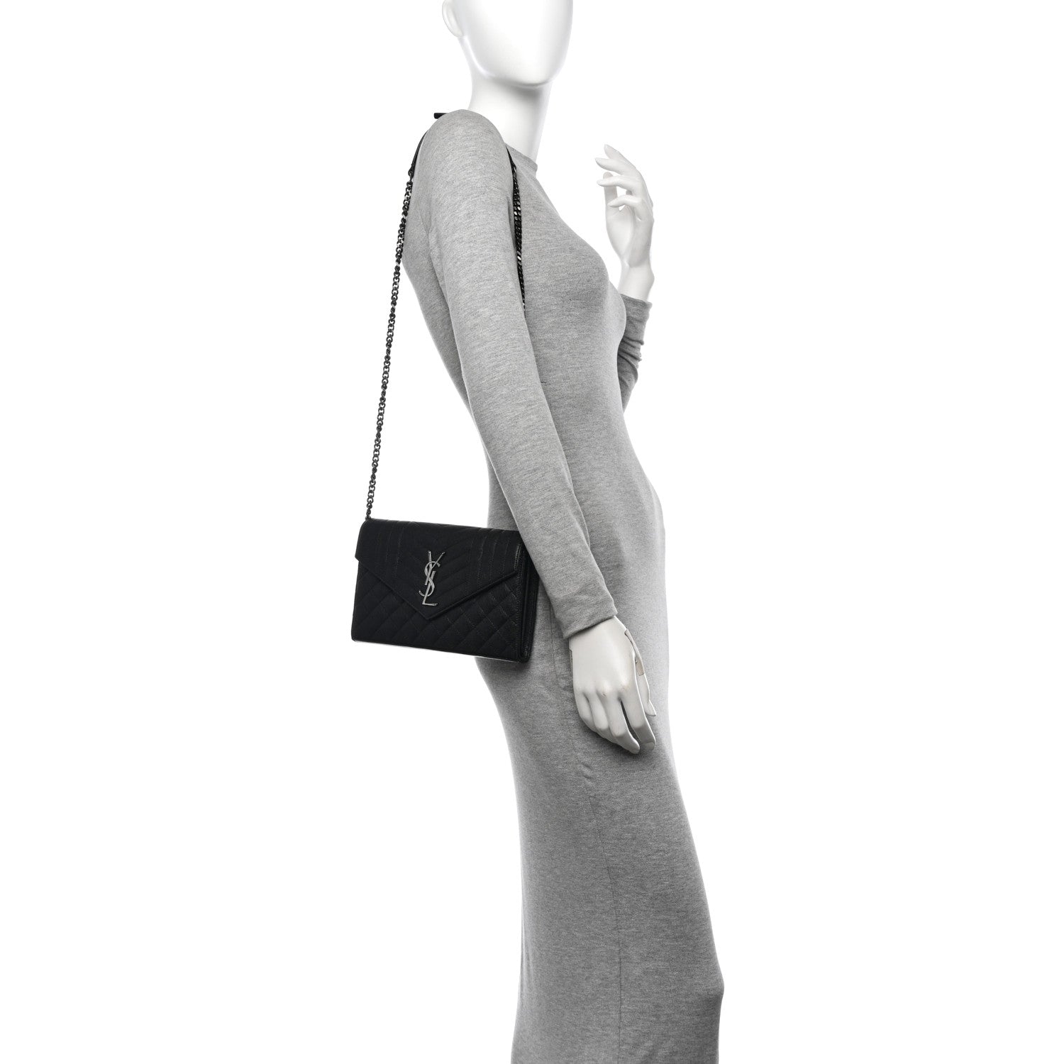 Saint Laurent Sheepskin Tri-Quilt Monogram Envelope Chain Wallet Black 2 of 12