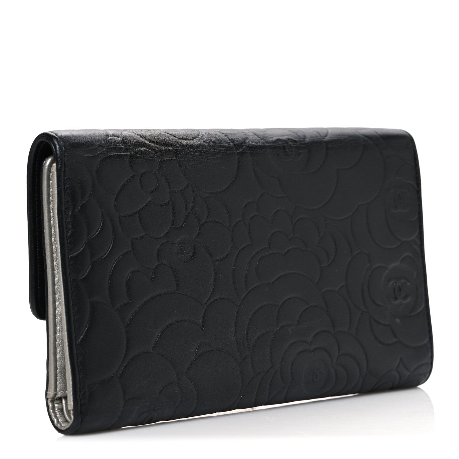 Chanel Lambskin Camellia Embossed Large Flap Wallet Black 3 of 8