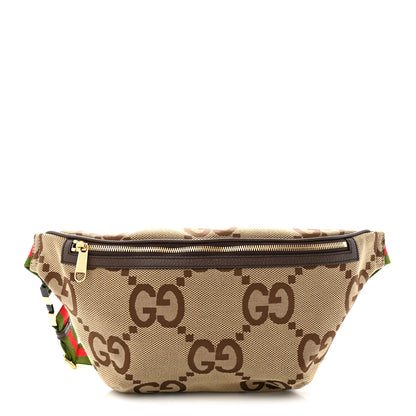 Gucci Monogram Jumbo GG Textured Dollar Calfskin Web Belt Bag Camel Ebony New Acero 1 of 10