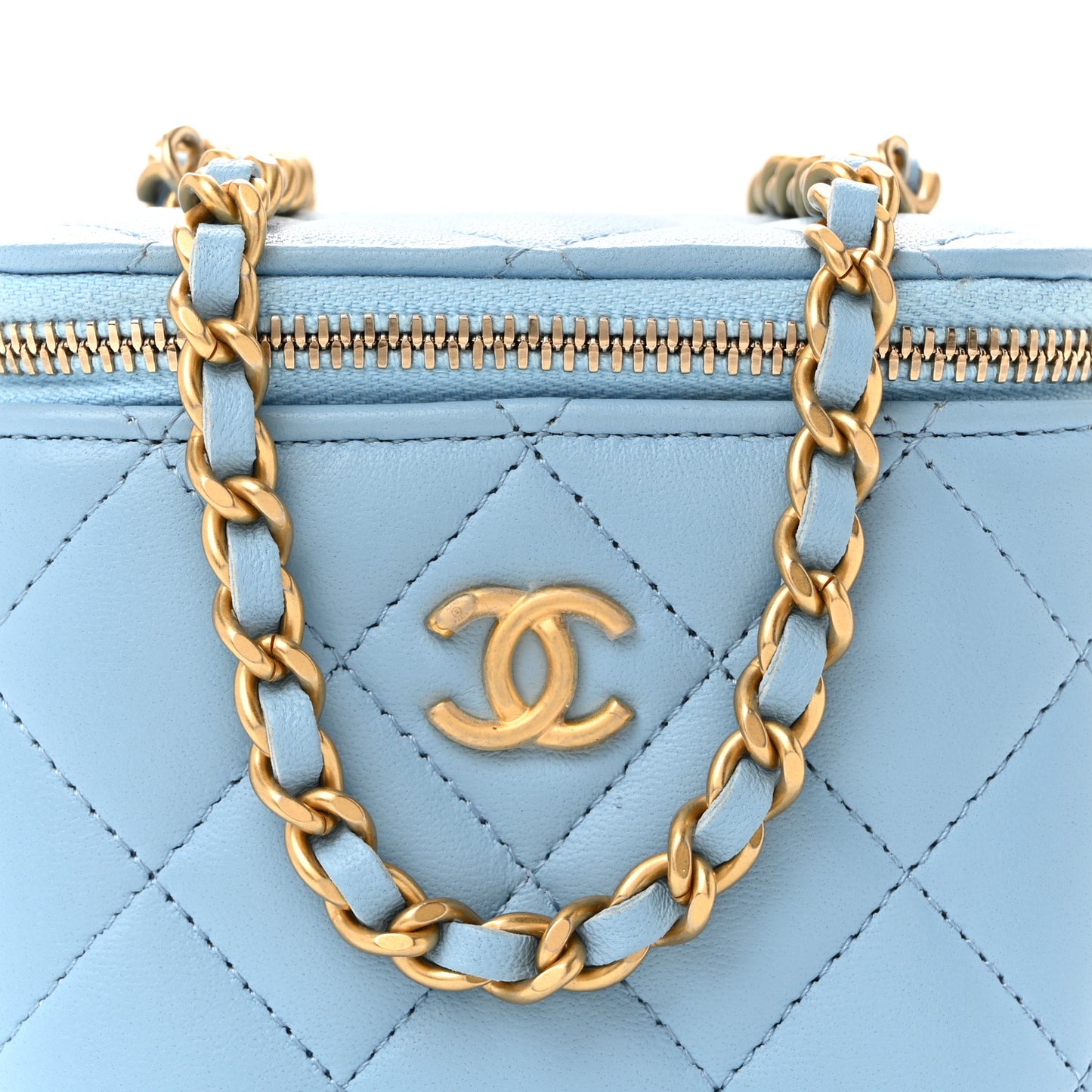 Lambskin Quilted Pearl Crush Mini Vanity Case With Chain Light Blue