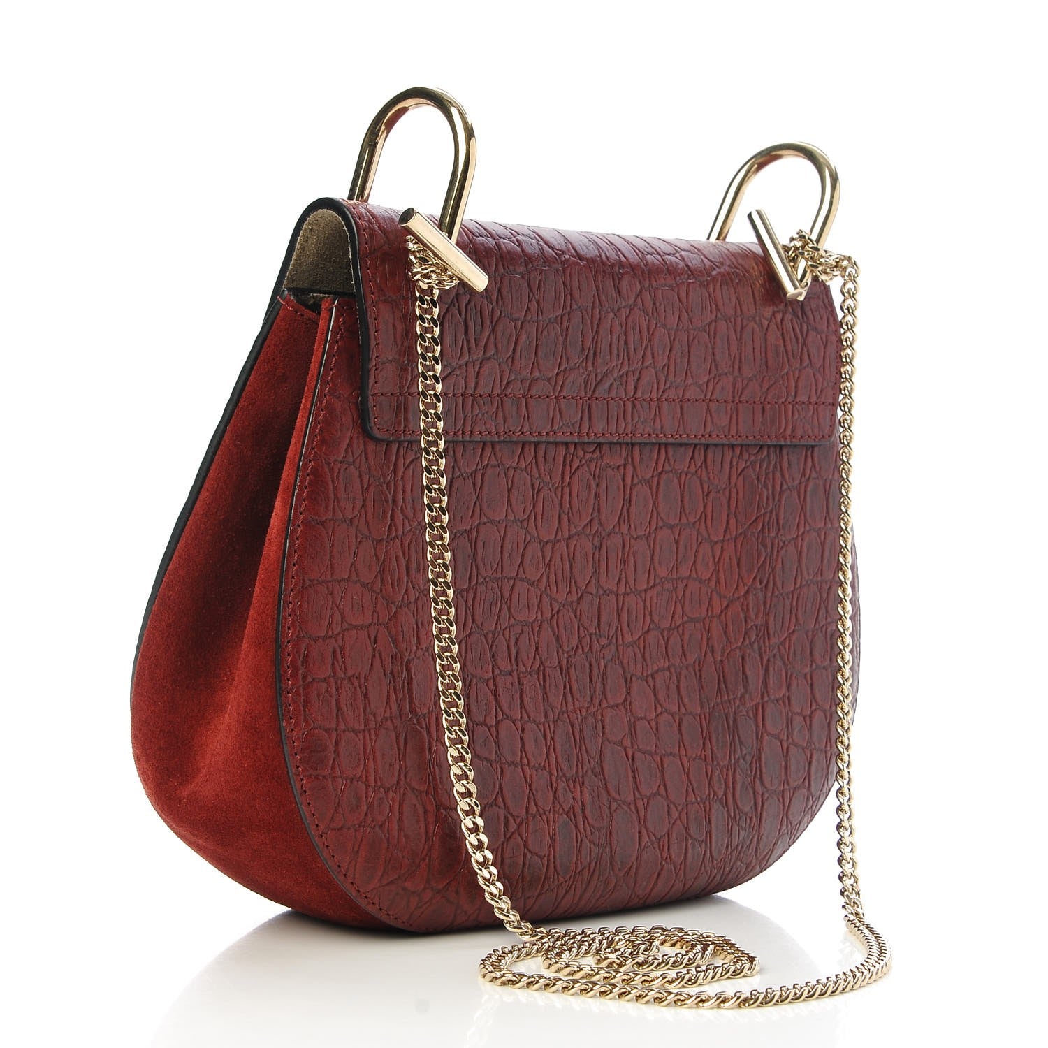 Chloe Calfskin Crocodile Embossed Drew Shoulder Bag Sienna Red 3 of 6
