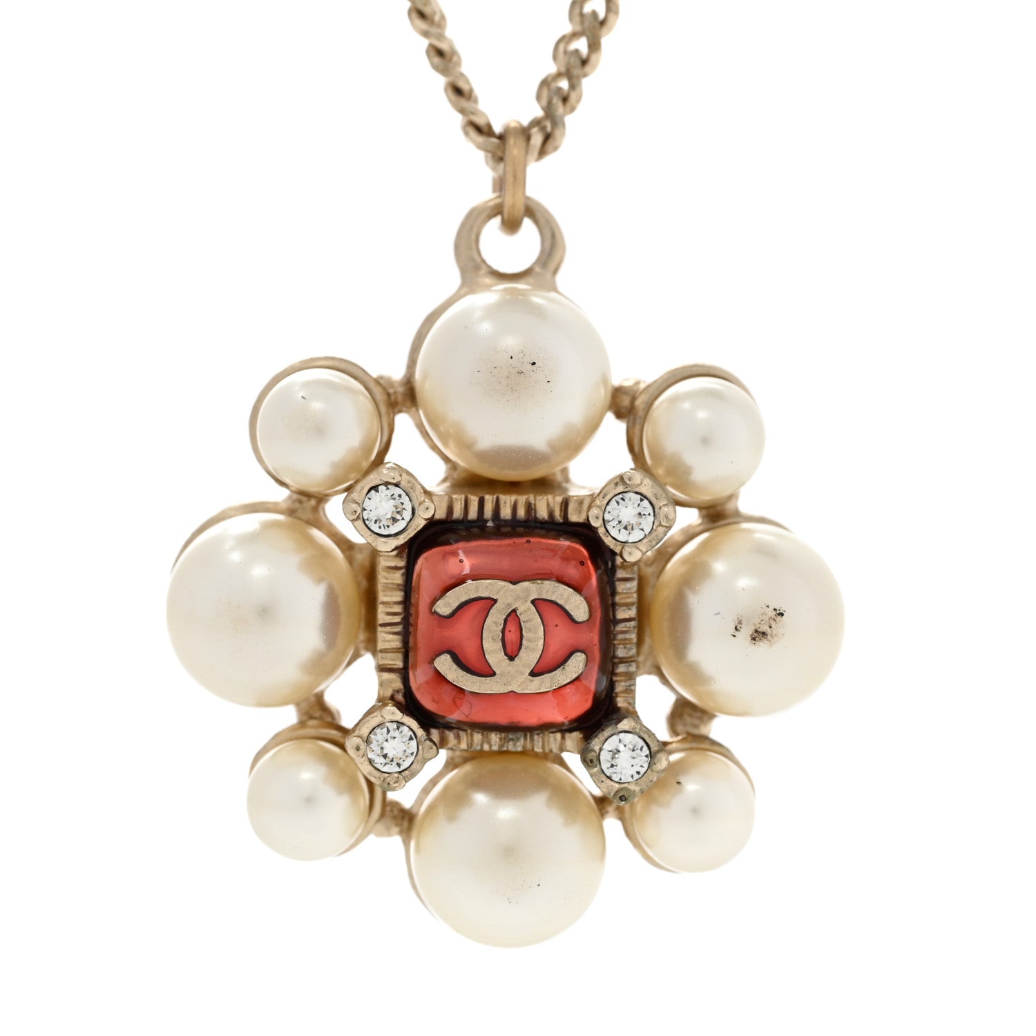 Chanel Gripoix Pearl Crystal CC Pendant Necklace Red Gold 4 of 10