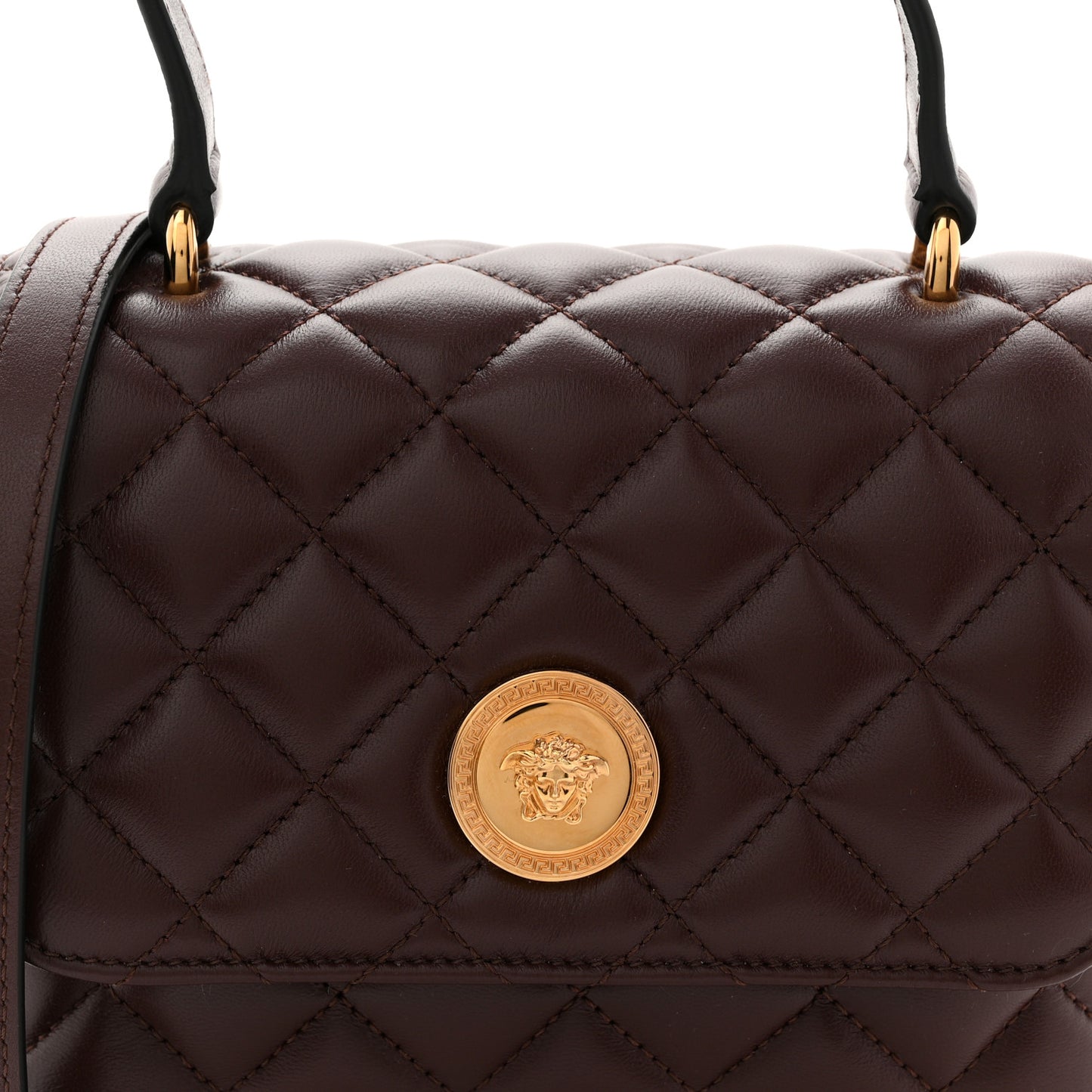 Nappa Quilted Medusa Top Handle Crossbody Flap Dark Brown