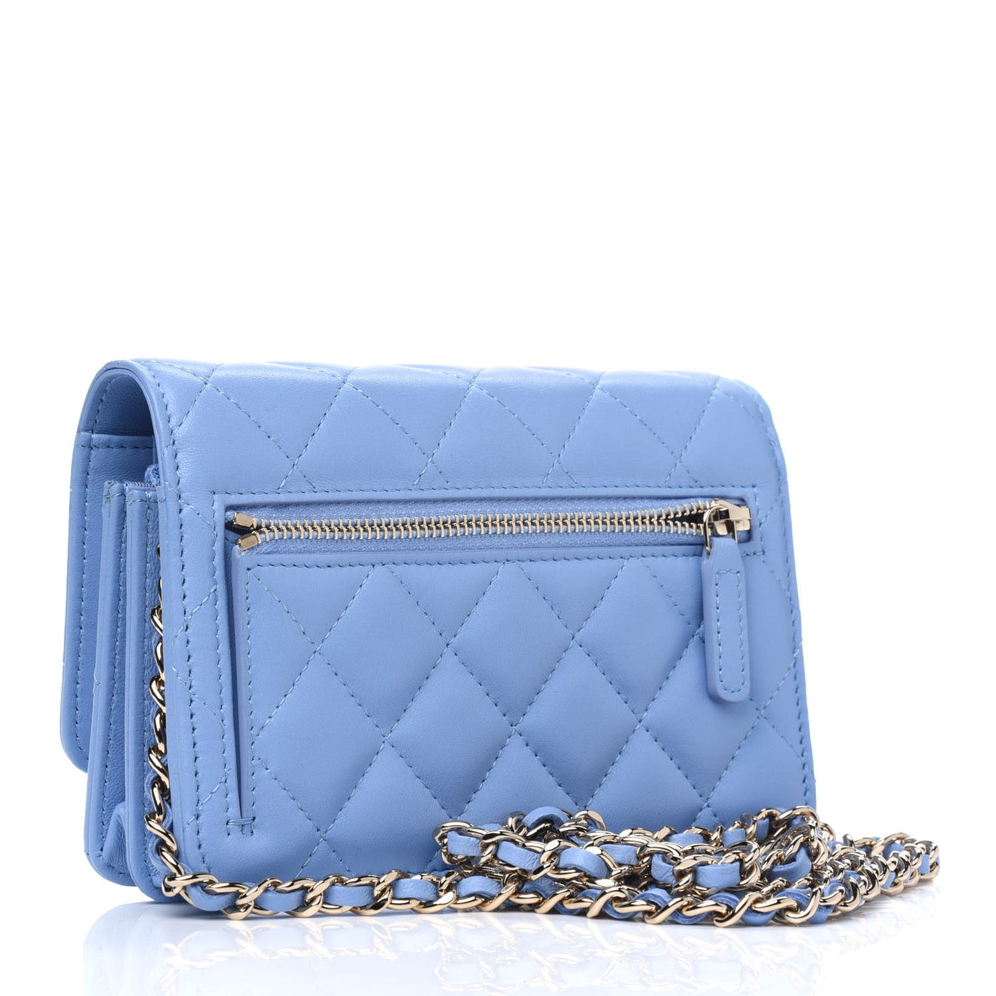 Lambskin Quilted Mini Wallet On Chain WOC Light Blue