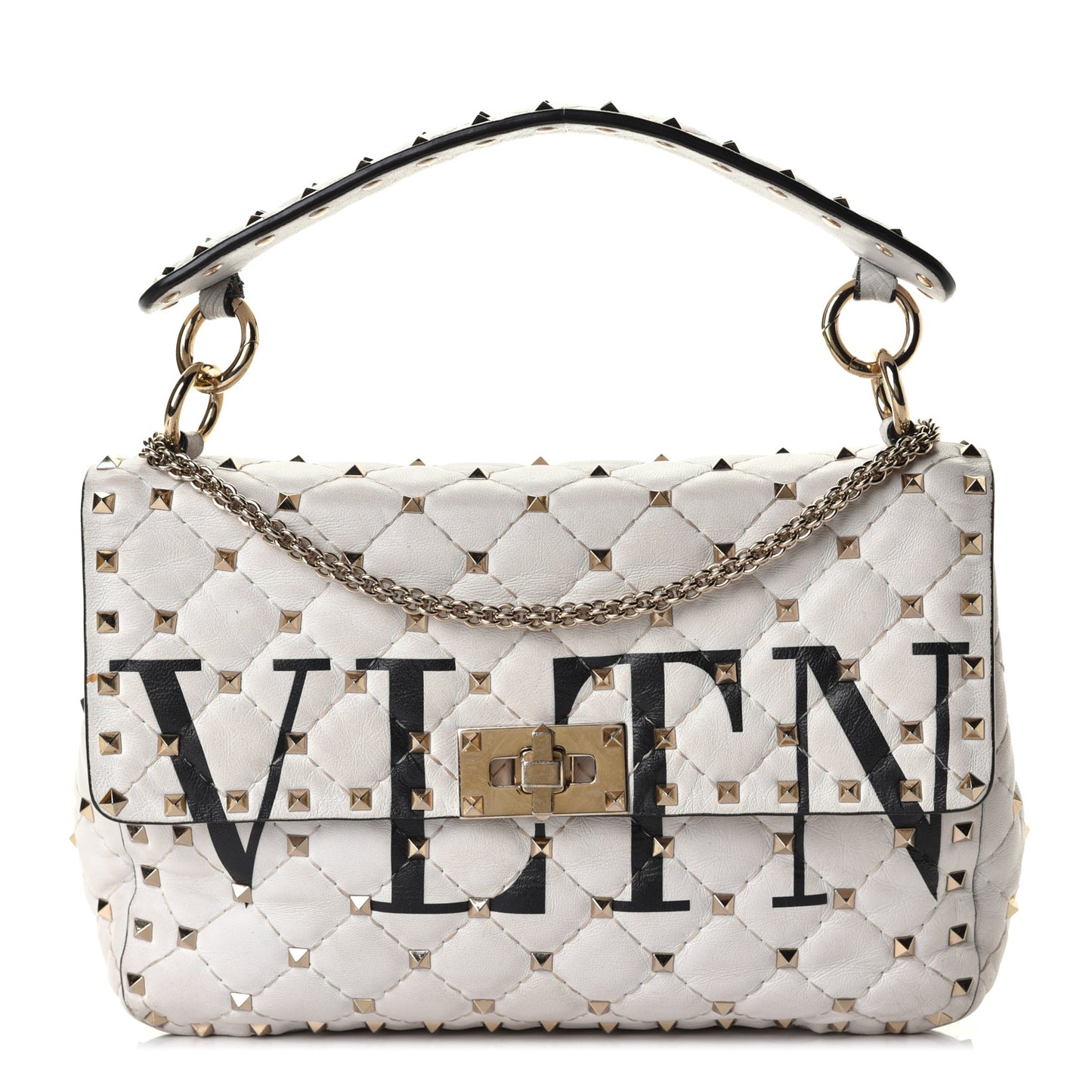 Lambskin VLTN Print Medium Rockstud Spike Shoulder Bag Optic White Black