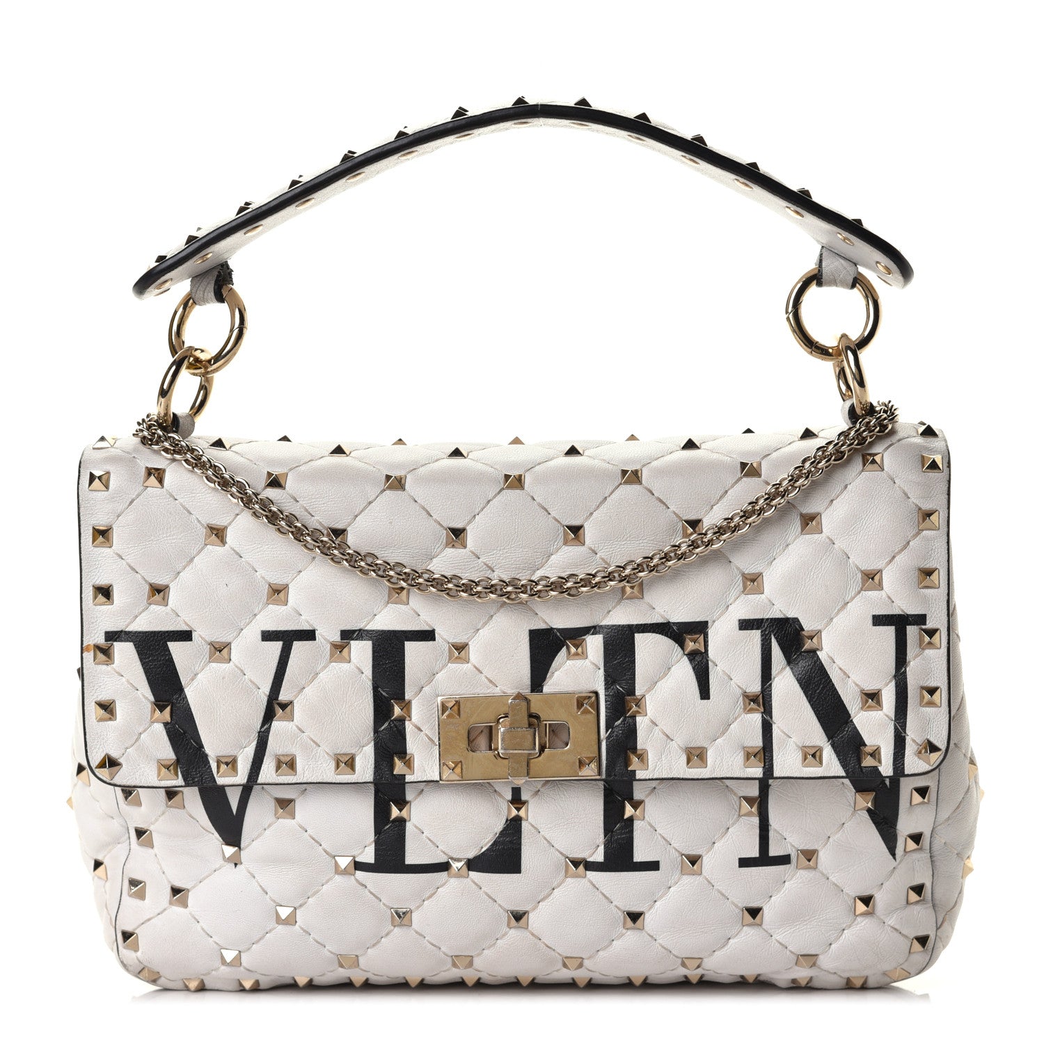 Valentino Garavani Lambskin VLTN Print Medium Rockstud Spike Shoulder Bag Optic White Black 1 of 6