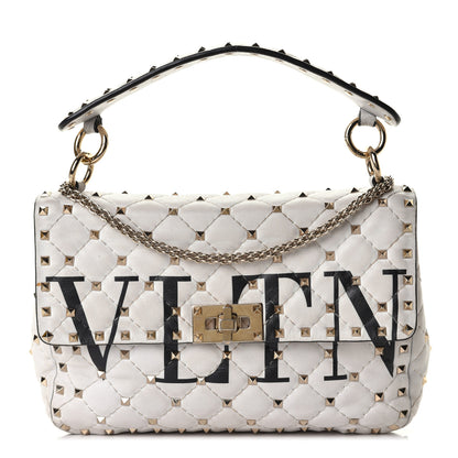 Valentino Garavani Lambskin VLTN Print Medium Rockstud Spike Shoulder Bag Optic White Black 1 of 6