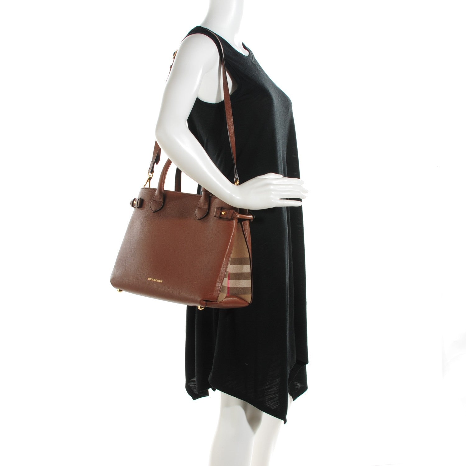 Burberry Grainy Calfskin House Check Medium Banner Tote Tan 2 of 7