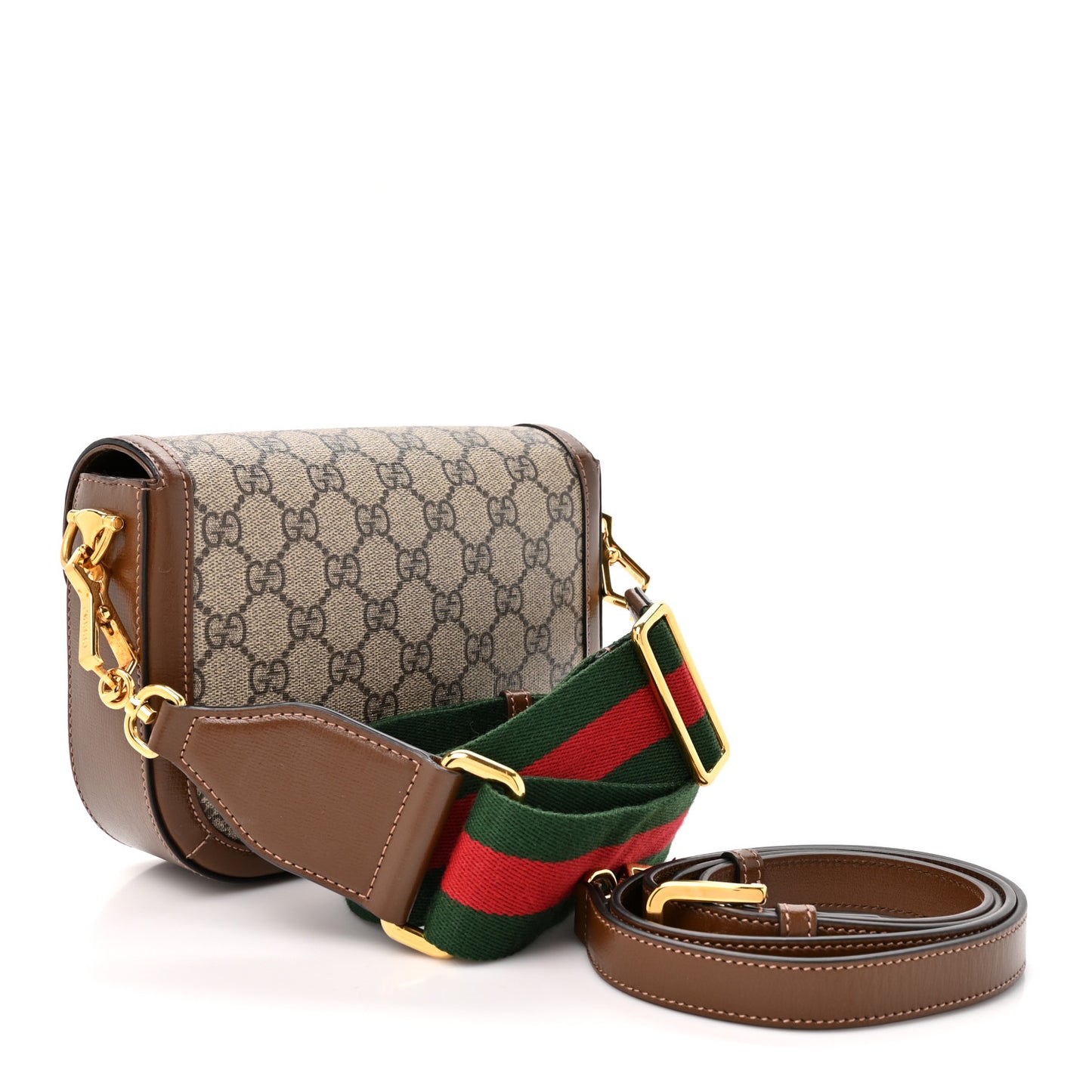 GG Supreme Monogram Azalea Calfskin Web Mini Horsebit 1955 Shoulder Bag Beige Ebony Brown Sugar