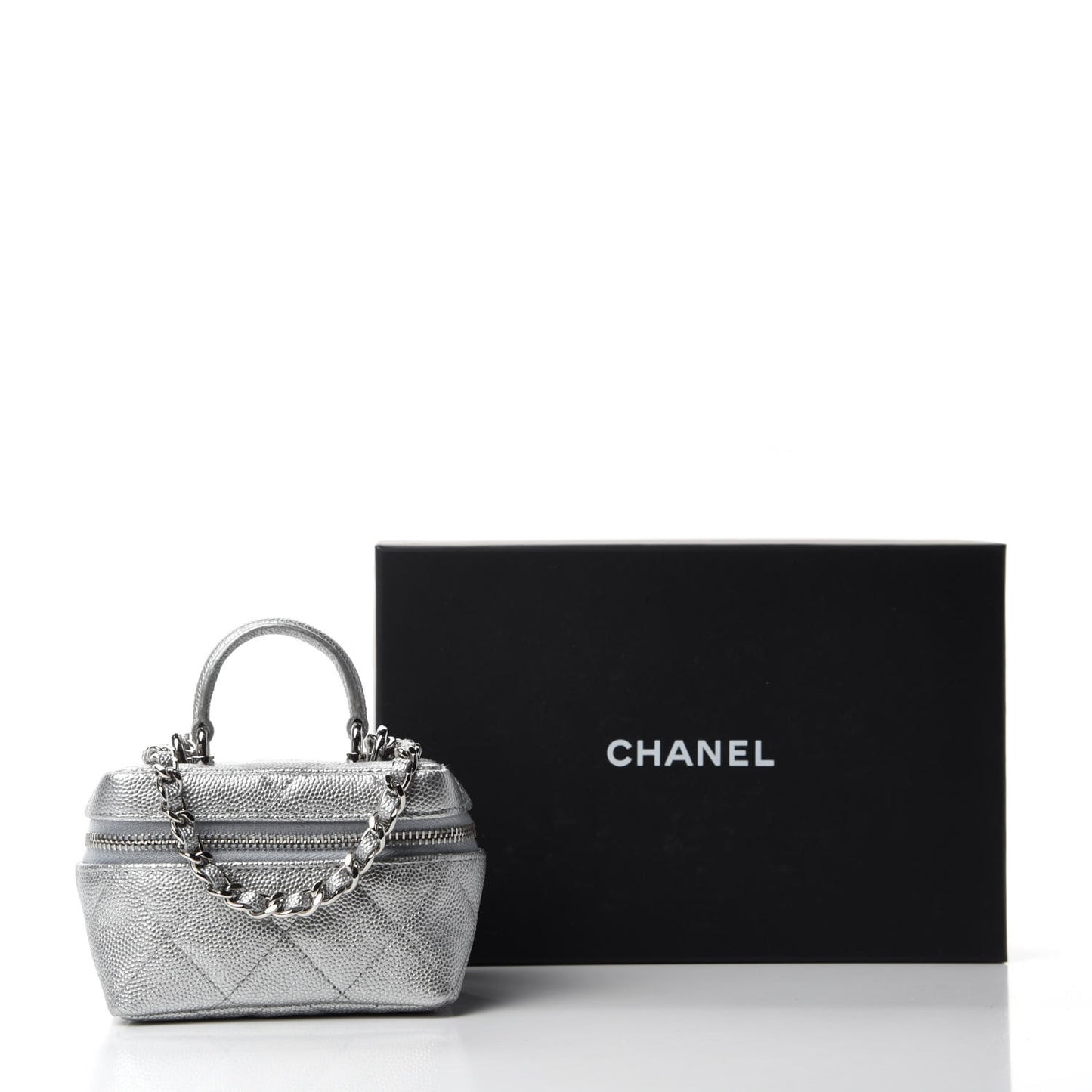 Metallic Caviar Quilted Mini Top Handle Vanity With Chain Silver