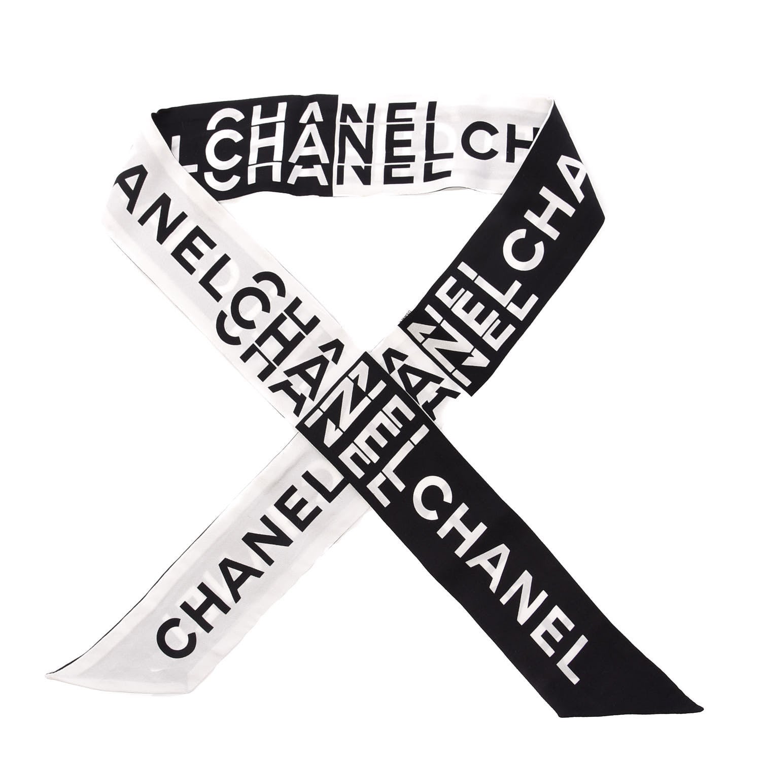 Chanel Silk Logo Slim Bandeau Scarf Black White 1 of 4