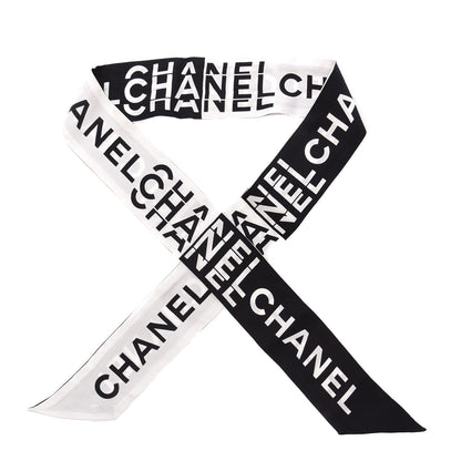 Chanel Silk Logo Slim Bandeau Scarf Black White 1 of 4
