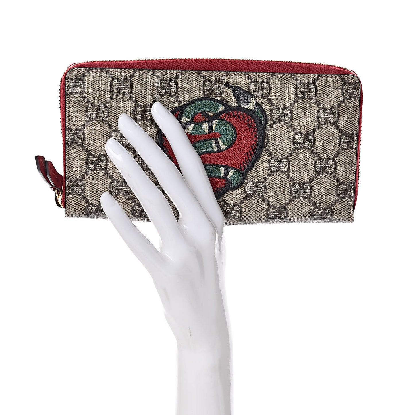GG Supreme Monogram Kingsnake Heart Embroidered Zip Around Wallet Red