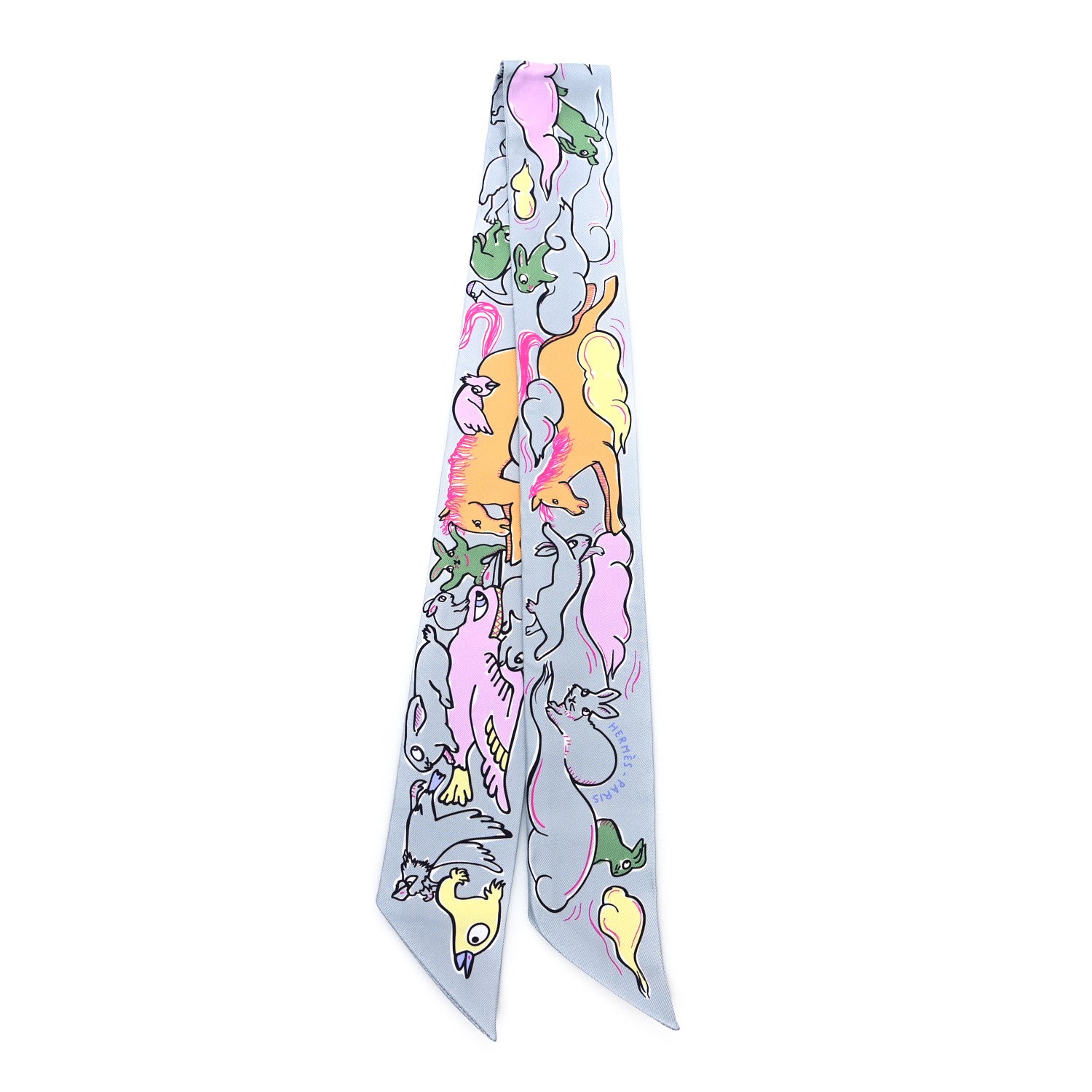 Hermes Silk Mille Et Un Lapins Twilly Gris Perle Rose Jaune 2 of 3