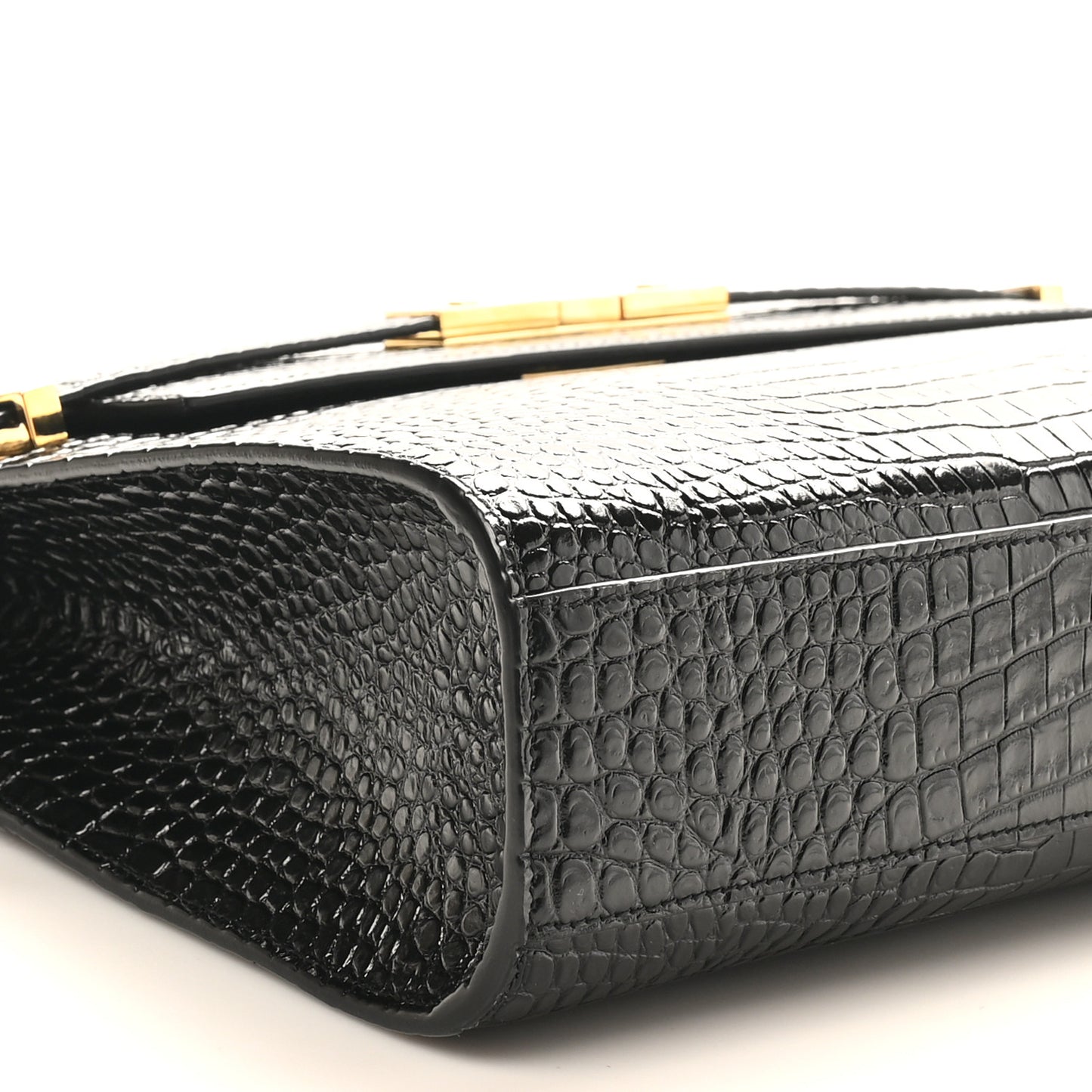 Shiny Calfskin Crocodile Embossed Manhattan Baguette Black