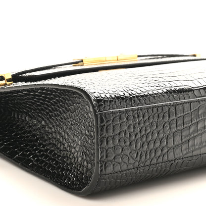 Saint Laurent Shiny Calfskin Crocodile Embossed Manhattan Baguette Black 9 of 10