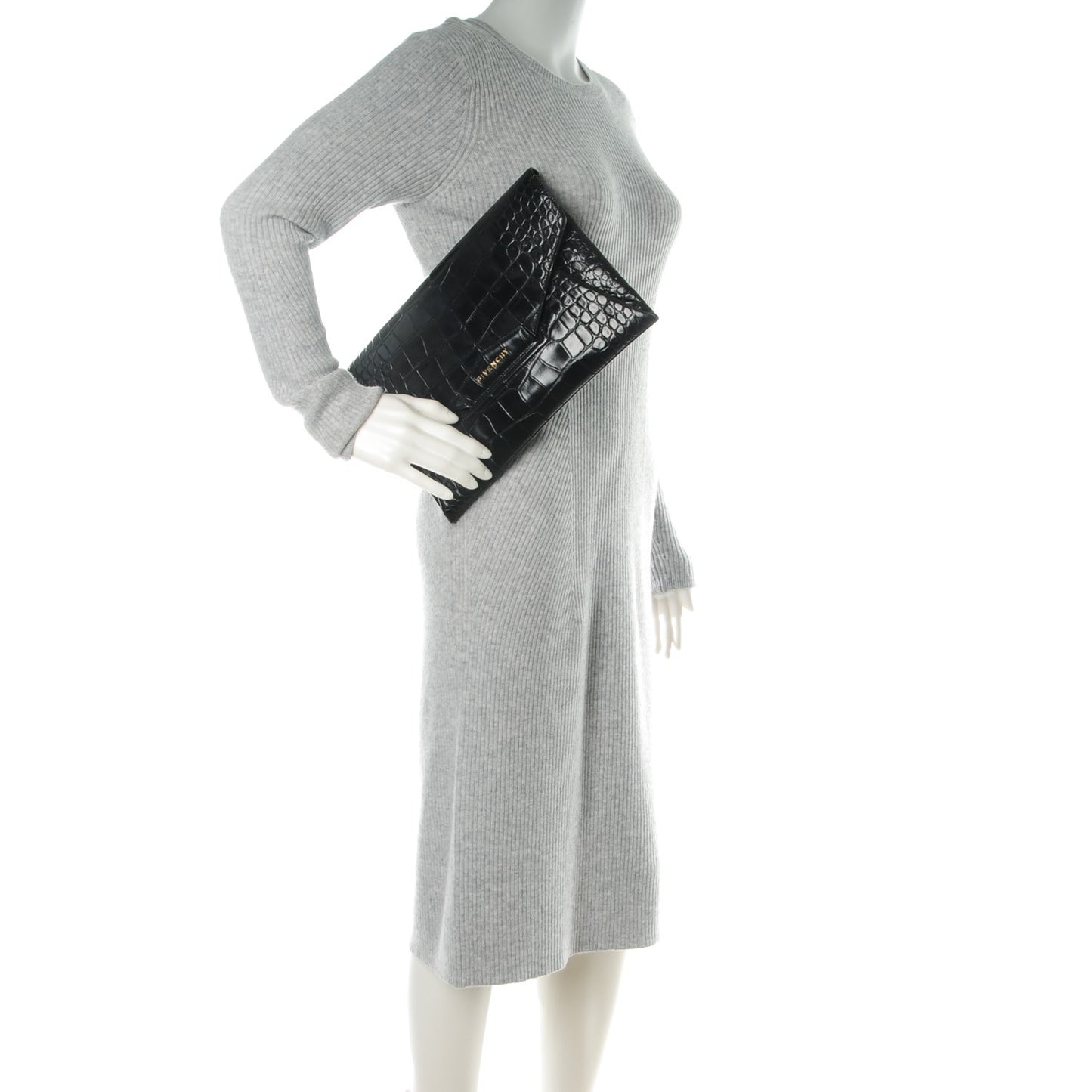 Calfskin Crocodile Embossed Medium Antigona Envelope Clutch Black