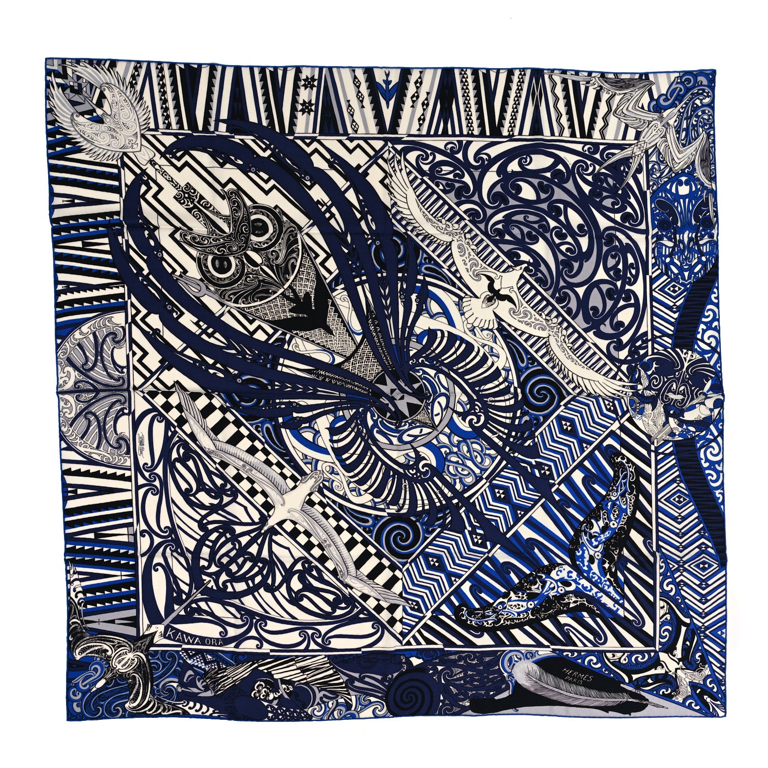 Hermes Cashmere Silk Kawa Ora Shawl 140 Marine Blanc Bleu Electrique 1 of 5