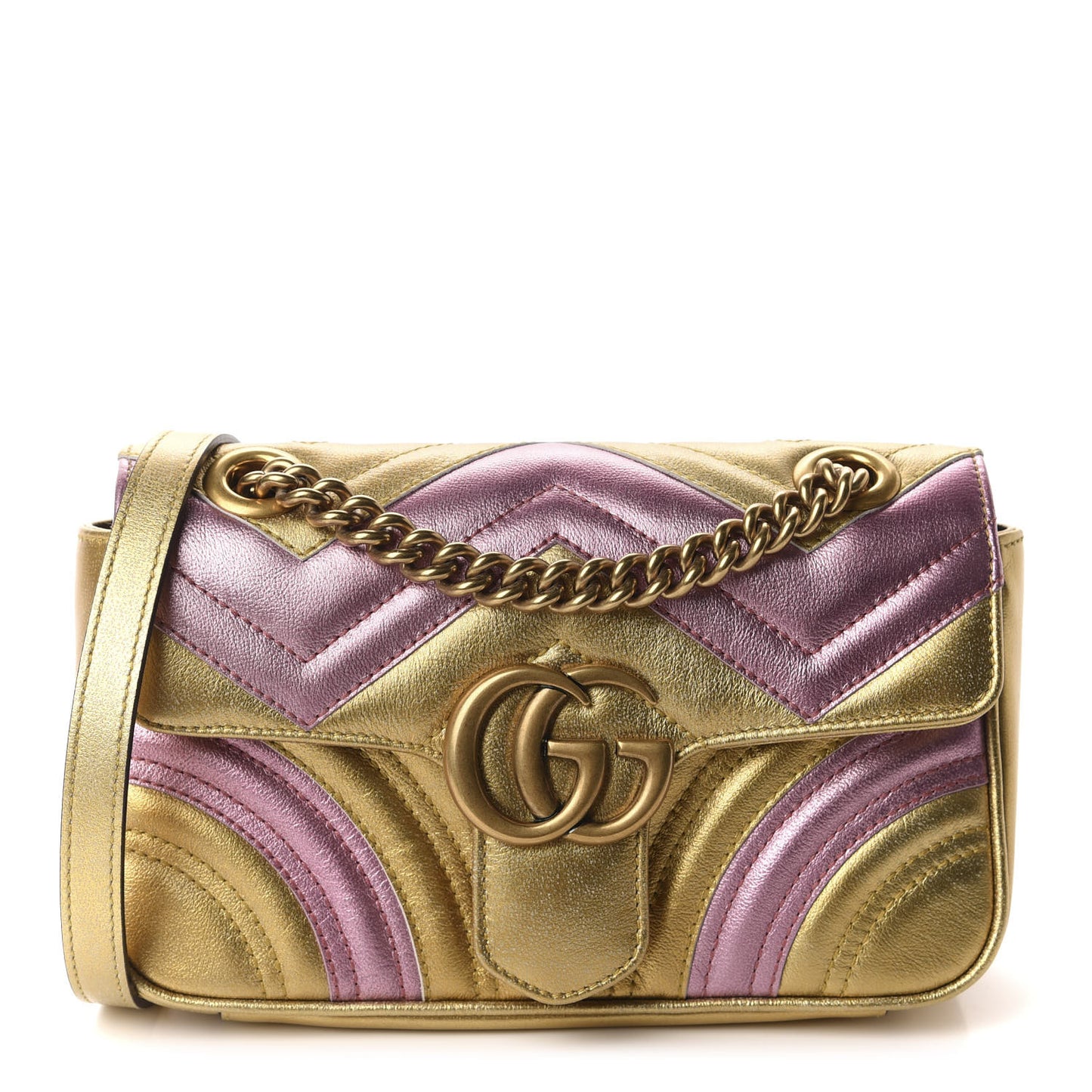 Metallic Calfskin Matelasse Mini GG Marmont Shoulder Bag Gold Pink