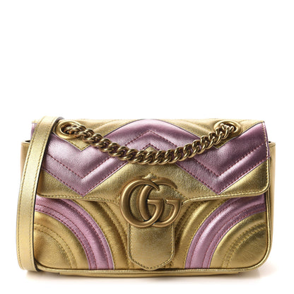 Gucci Metallic Calfskin Matelasse Mini GG Marmont Shoulder Bag Gold Pink 1 of 11