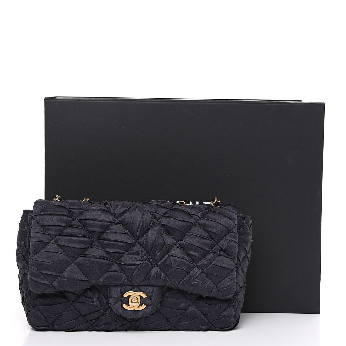 Satin Quilted Pleated Medium Single Flap Navy