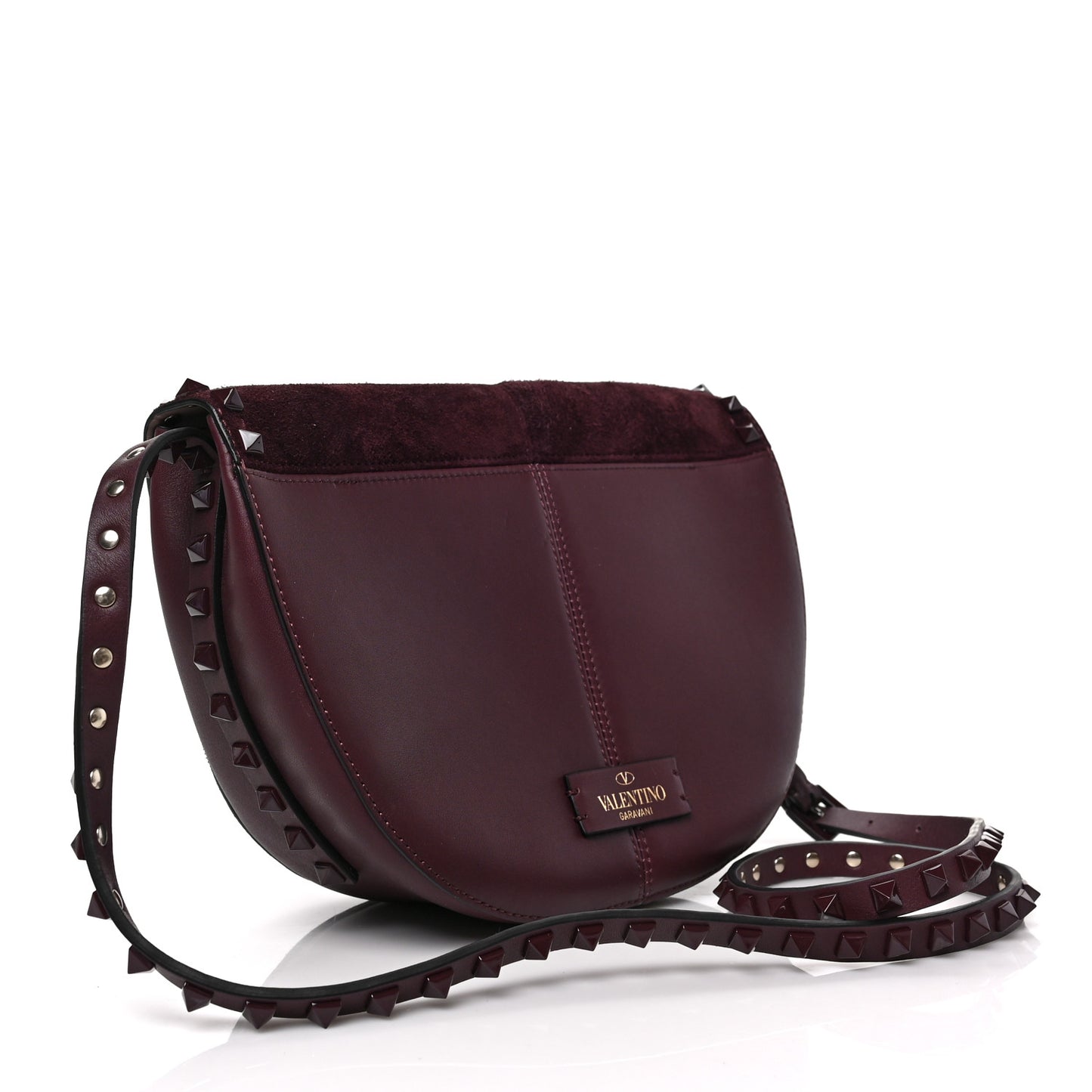 Suede Calfskin Rockstud Halfmoon Saddle Bag Rubin
