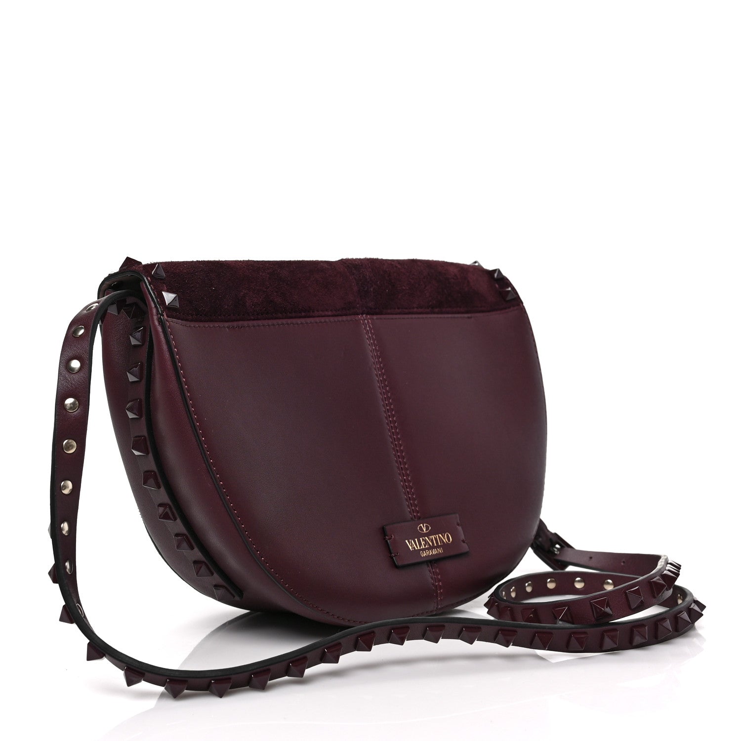 Valentino Garavani Suede Calfskin Rockstud Halfmoon Saddle Bag Rubin 3 of 8