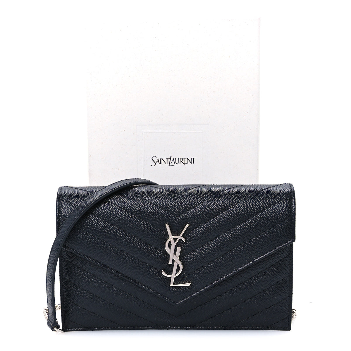 Grain De Poudre Matelasse Chevron Monogram Envelope Chain Wallet Black