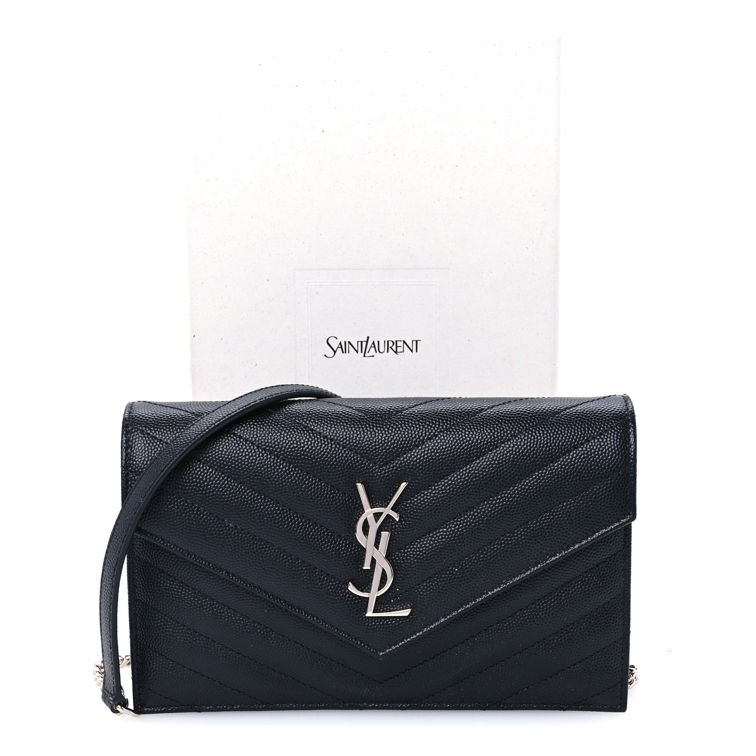 Saint Laurent Grain De Poudre Matelasse Chevron Monogram Envelope Chain Wallet Black 9 of 9